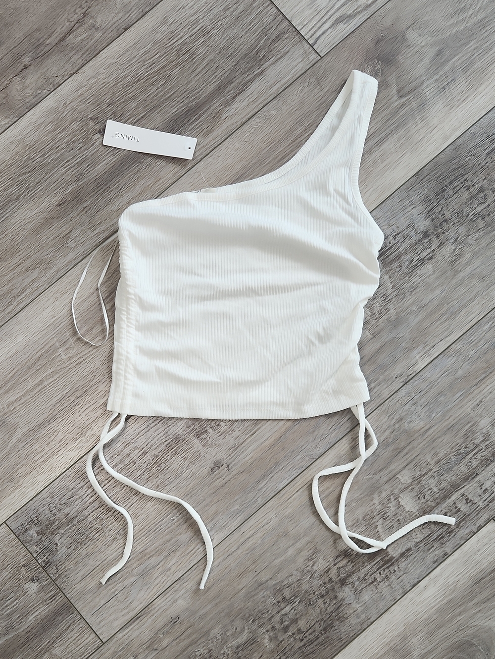 Timing White One-Shoulder Ribbed Crop Top with Side Ties